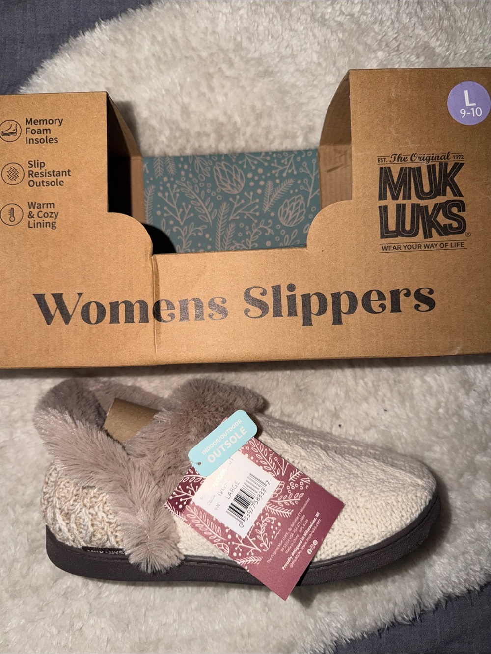 Muk Luks Women's Taupe Knit Slipper with Faux-Fur Trim